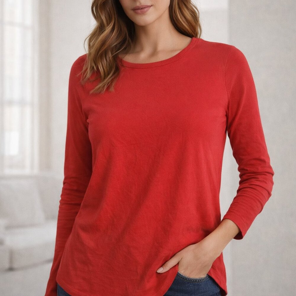 Women's Wonderly Pullover Long Sleeve Red Tee Round Neck Style S